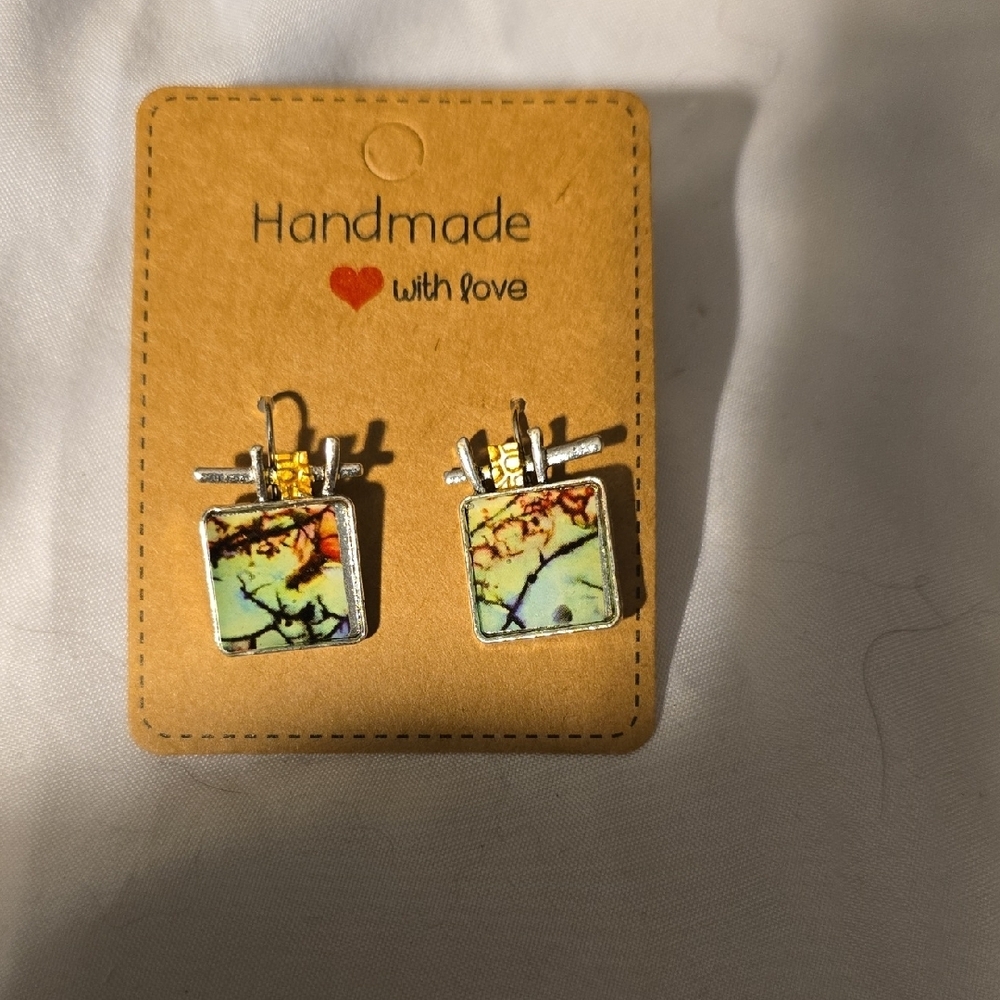 Handmade Square Earrings with Green and Silver Accents